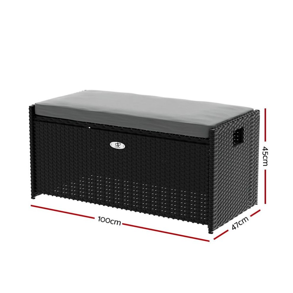 102L Wicker Outdoor Storage Bench Box in Black Outdoor Storage Boxes