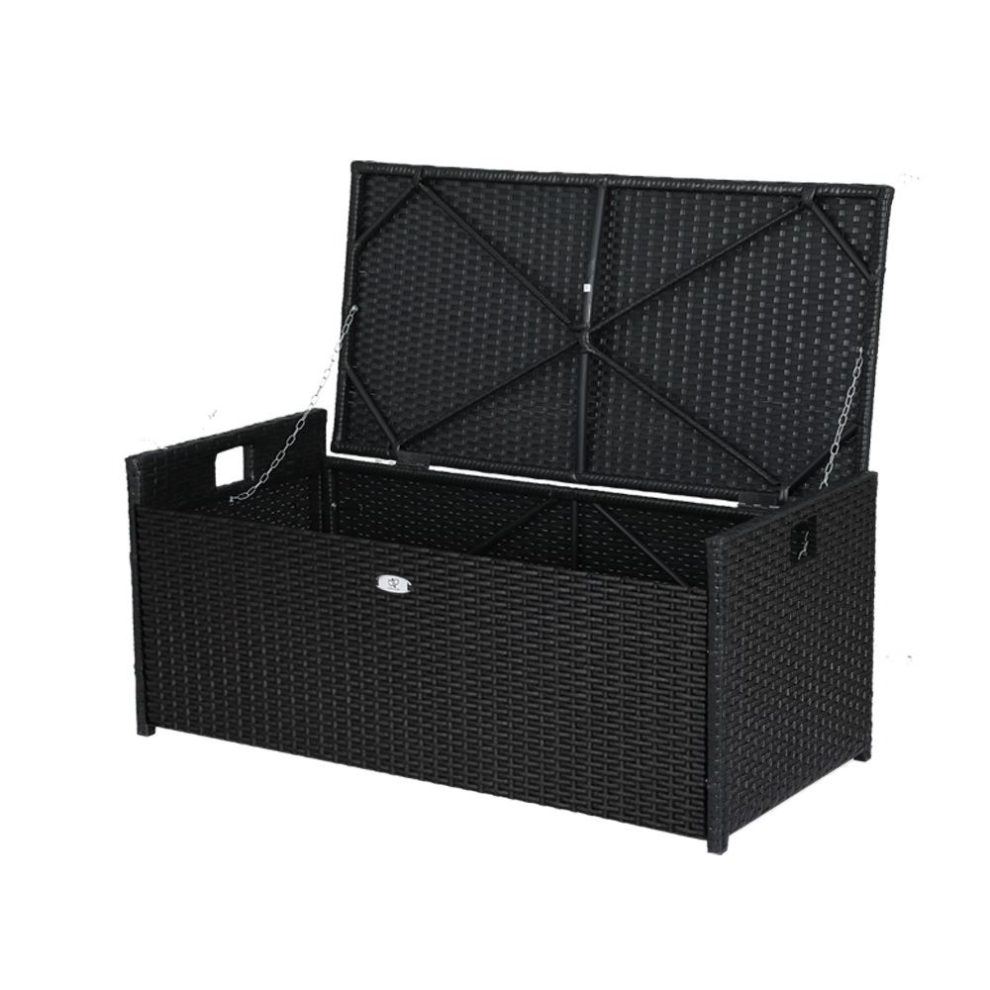 102L Wicker Outdoor Storage Bench Box in Black Outdoor Storage Boxes