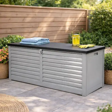 Large outdoor storage box for patio cushions and outdoor gear