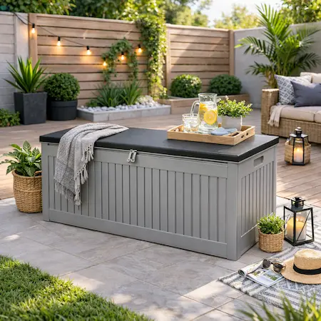 Medium outdoor storage box for garden tools and cushions