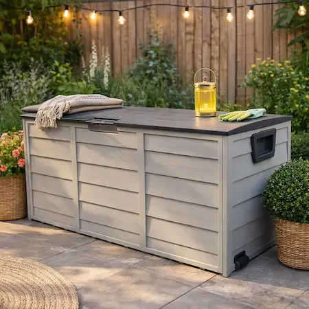 Outdoor storage box for patio cushions and garden storage