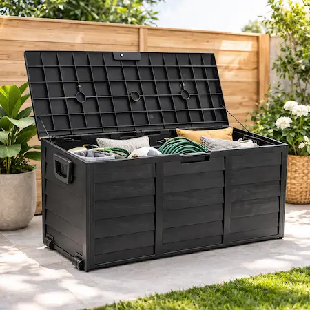 Plastic outdoor storage box for patio cushions and garden tools