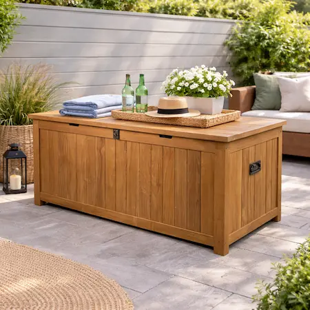 Solid teak outdoor storage box for patio cushions and outdoor gear