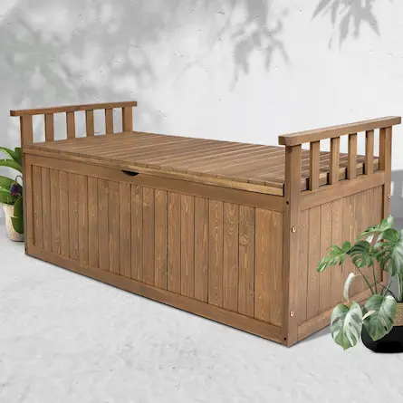 Wooden outdoor storage box for patio and garden cushion storage
